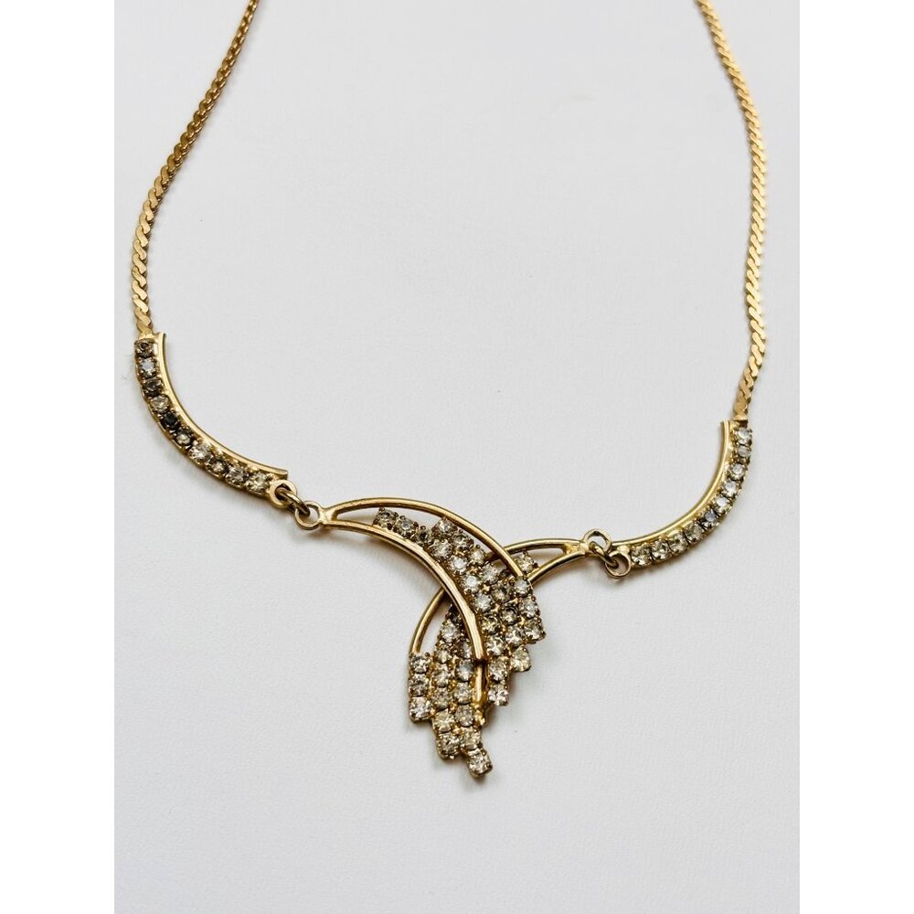 Vintage Gold & Rhinestone Art Deco Statement Necklace 17” Elegant Design